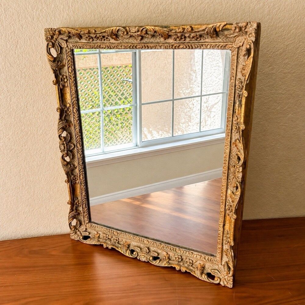 Vintage French Style Gold Gilt Mirror Ornate Rococo Baroque Floral Wall 23”
